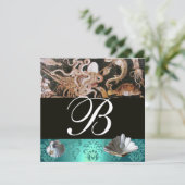 BLAUW AQUAMARINE DAMASK BEACH WEDDING MONOGRAM KAART (Staand voorkant)