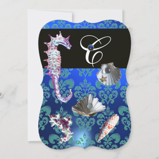 BLAUW AQUAMARINE DAMASK BEACH WEDDING MONOGRAM KAART (Voorkant)