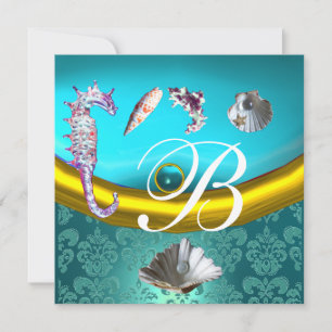 BLAUW AQUAMARINE DAMASK BEACH WEDDING MONOGRAM KAART