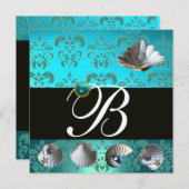 BLAUW AQUAMARINE DAMASK BEACH WEDDING MONOGRAM KAART (Voorkant / Achterkant)