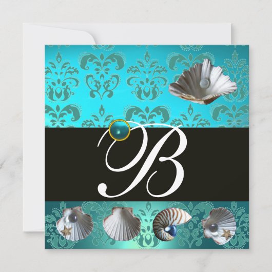 BLAUW AQUAMARINE DAMASK BEACH WEDDING MONOGRAM KAART (Voorkant)