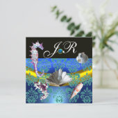 BLAUW AQUAMARINE DAMASK BEACH WEDDING MONOGRAM KAART (Staand voorkant)