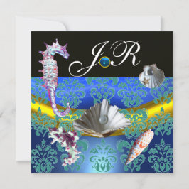BLAUW AQUAMARINE DAMASK BEACH WEDDING MONOGRAM KAART