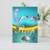 BLAUW AQUAMARINE DAMASK BEACH WEDDING MONOGRAM RSVP KAARTJE (Staand voorkant)