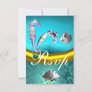 BLAUW AQUAMARINE DAMASK BEACH WEDDING MONOGRAM RSVP KAARTJE
