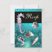 BLAUW AQUAMARINE DAMASK BEACH WEDDING RSVP (Voorkant)