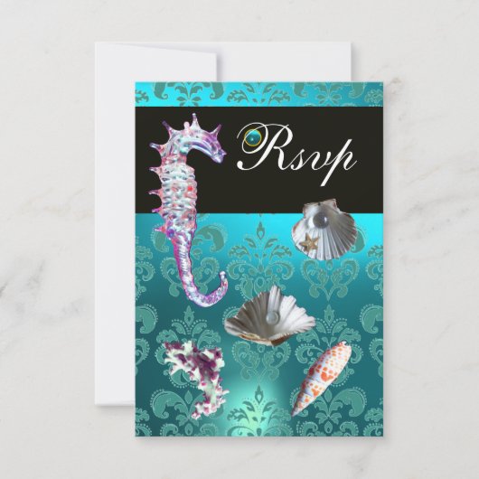 BLAUW AQUAMARINE DAMASK BEACH WEDDING RSVP (Voorkant)