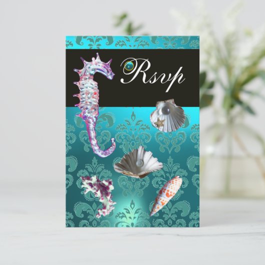 BLAUW AQUAMARINE DAMASK BEACH WEDDING RSVP (Staand voorkant)