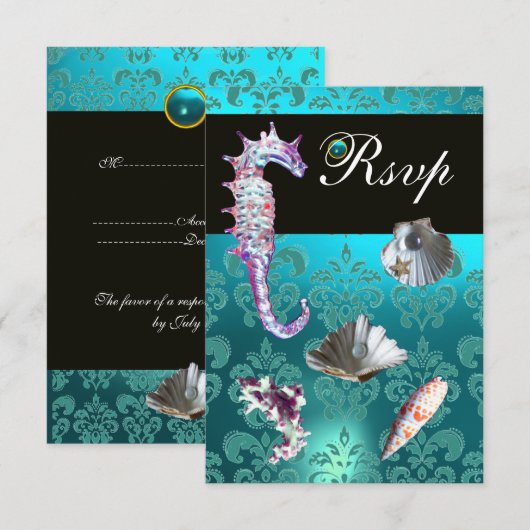 BLAUW AQUAMARINE DAMASK BEACH WEDDING RSVP (Voorkant / Achterkant)