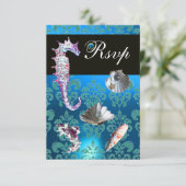 BLAUW AQUAMARINE DAMASK BEACH WEDDING RSVP (Staand voorkant)