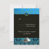 BLAUW AQUAMARINE DAMASK BEACH WEDDING RSVP (Achterkant)