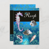 BLAUW AQUAMARINE DAMASK BEACH WEDDING RSVP (Voorkant / Achterkant)