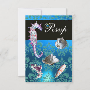 BLAUW AQUAMARINE DAMASK BEACH WEDDING RSVP KAARTJE