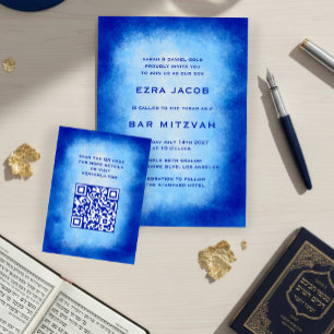 Blauw Aquarel Aangepaste QR Code Bar Mitzvah Informatiekaartje