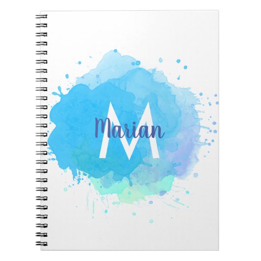 Blauw Aquarel Abstract Monogram Naam Notitieboek (Voorkant)