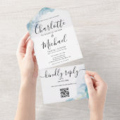 Blauw Aquarel Abstract Schrift QR Code Huwelijk All In One Uitnodiging (Afscheurbaar)