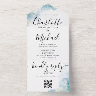 Blauw Aquarel Abstract Schrift QR Code Huwelijk All In One Uitnodiging