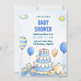 Blauw Aquarel Baby Shower Uitnodiging