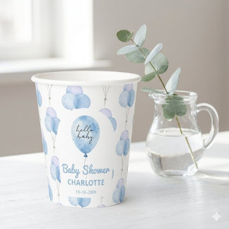 Blauw Aquarel Ballon Bloem Jongen Baby Shower Papieren Bekers