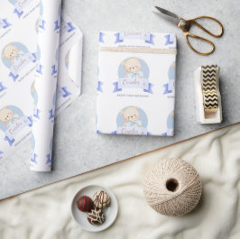 Blauw Aquarel Beer 1e Verjaardagsfeestje Cadeaupapier