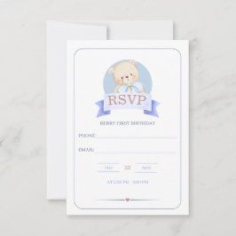 Blauw Aquarel Beer 1e Verjaardagsfeestje RSVP Kaartje