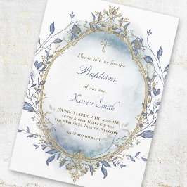 blauw aquarel beige lijst Doop baby jongen Kaart