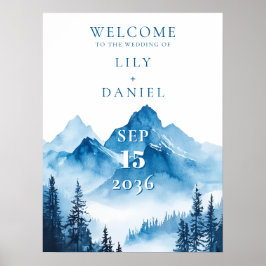 Blauw Aquarel Berg Bruiloft Welkom Bord Poster