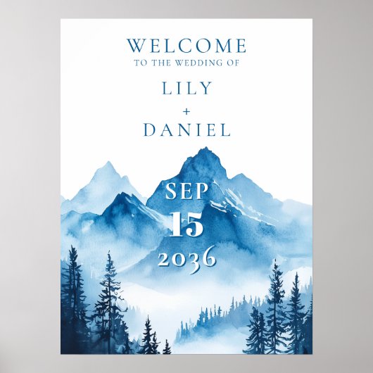Blauw Aquarel Berg Bruiloft Welkom Bord Poster (Voorkant)