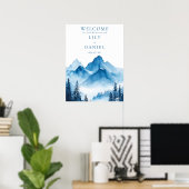 Blauw Aquarel Berg Bruiloft Welkomstbord Poster (Thuiskantoor)