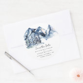 Blauw Aquarel Berg Rustieke Boho Bewaar de Datum Ronde Sticker (Envelop)
