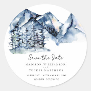 Blauw Aquarel Berg Rustieke Boho Bewaar de Datum Ronde Sticker
