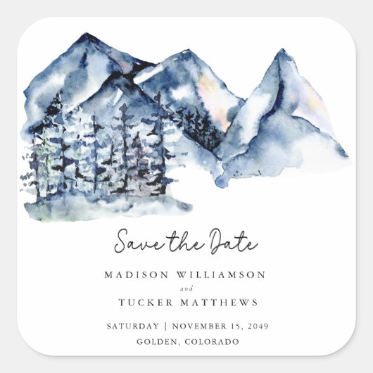 Blauw Aquarel Berg Rustieke Boho Bewaar de Datum Vierkante Sticker (Voorkant)