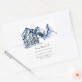 Blauw Aquarel Berg Rustieke Boho Bewaar de Datum Vierkante Sticker (Envelop)