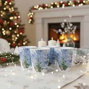 Blauw Aquarel Besneeuwde Bomen Lantaarn Kerstmis Latte Mok