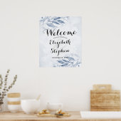 Blauw Aquarel Bladeren Bloem Chic Bruiloft Welkom Poster (Keuken)