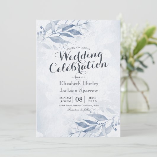 Blauw Aquarel Bladeren Bloemen Botanische Bruiloft Kaart (Staand voorkant)