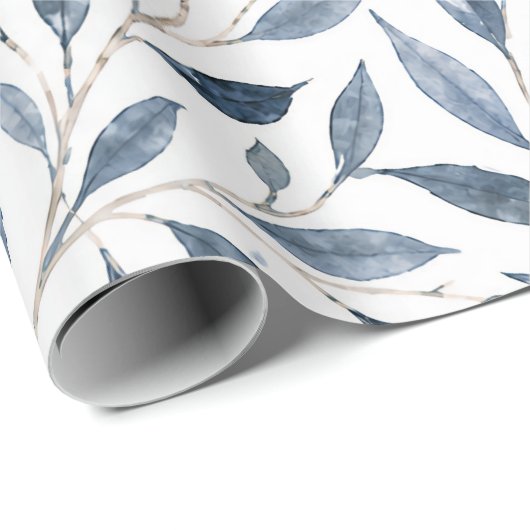 Blauw Aquarel Bladeren Botanisch Inpakpapier (Rol Hoek)