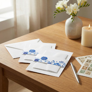 Blauw Aquarel Bloem Bruids Buikband Wrap Uitnodigingen Wikkel