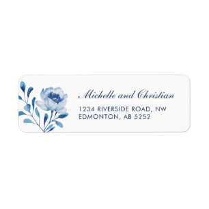Blauw Aquarel Bloem Bruiloft Retouradres Etiket