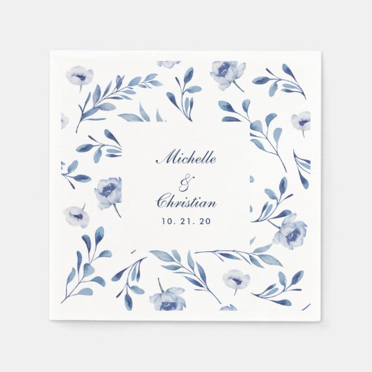Blauw Aquarel Bloem Bruiloft Servet (Voorkant)