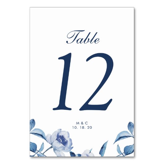 Blauw Aquarel Bloem Bruiloft Tafel Nummers Kaart (Voorkant)