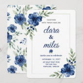 Blauw Aquarel Bloem Bruiloft Uitnodiging Template (Voorkant / Achterkant)