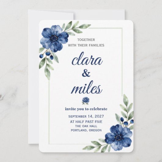 Blauw Aquarel Bloem Bruiloft Uitnodiging Template (Voorkant)