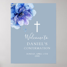 Blauw Aquarel Bloem Confirmatie Welkom Bord Poster