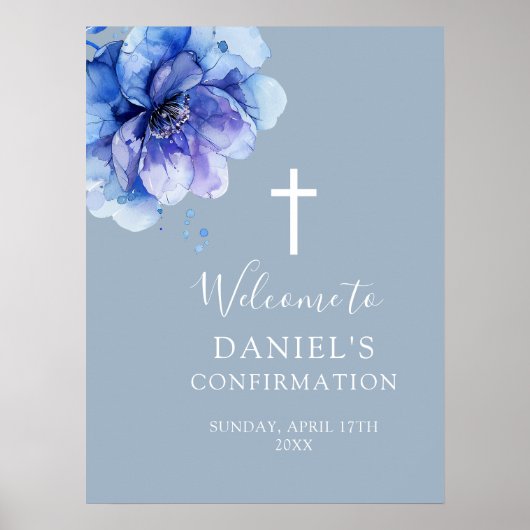Blauw Aquarel Bloem Confirmatie Welkom Bord Poster (Voorkant)