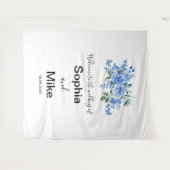 Blauw Aquarel Bloem- en Vlinder Bruiloft Wandkleed (Voorkant (horizontaal))