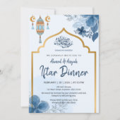 Blauw Aquarel Bloem Iftar-diner Ramadan Kaart (Voorkant)