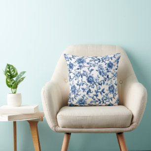 Blauw Aquarel Bloem Motief Chinoiserie Elegant Kussen