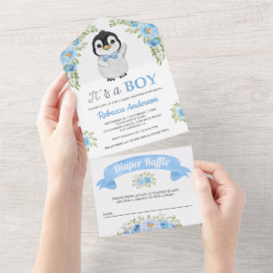 Blauw Aquarel Bloem Pinguïn Baby Shower All In One Uitnodiging