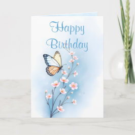 Blauw Aquarel Bloem Vlinder Gelukkige Verjaardag Kaart